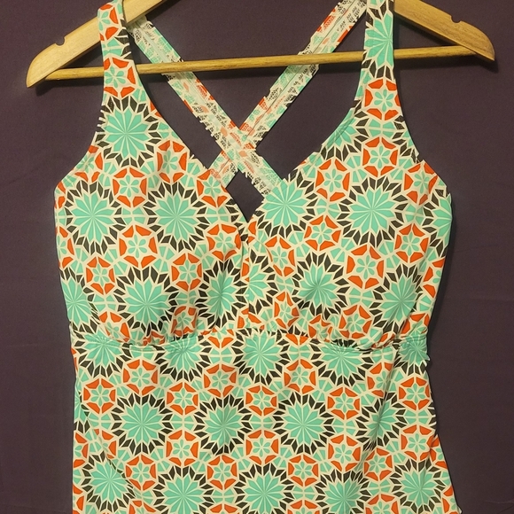 Lands' End Geometric Print Tankini Top- Orange and Mint. Size 18DD - Picture 1 of 4